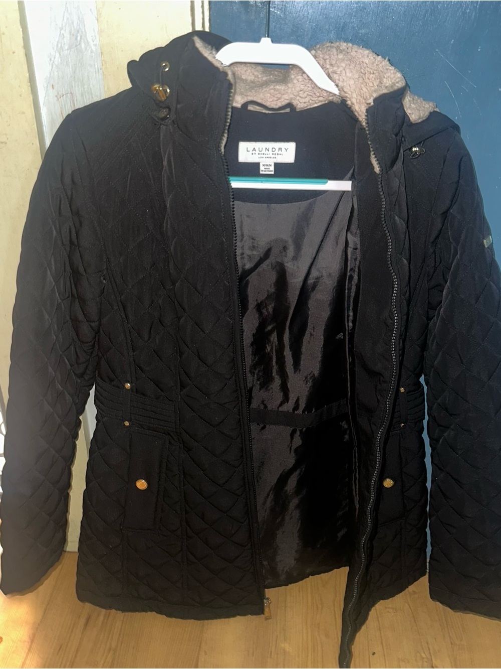 Laundry By Shelli Segal Black Quilted Puffer Jacket with Sherpa Hood